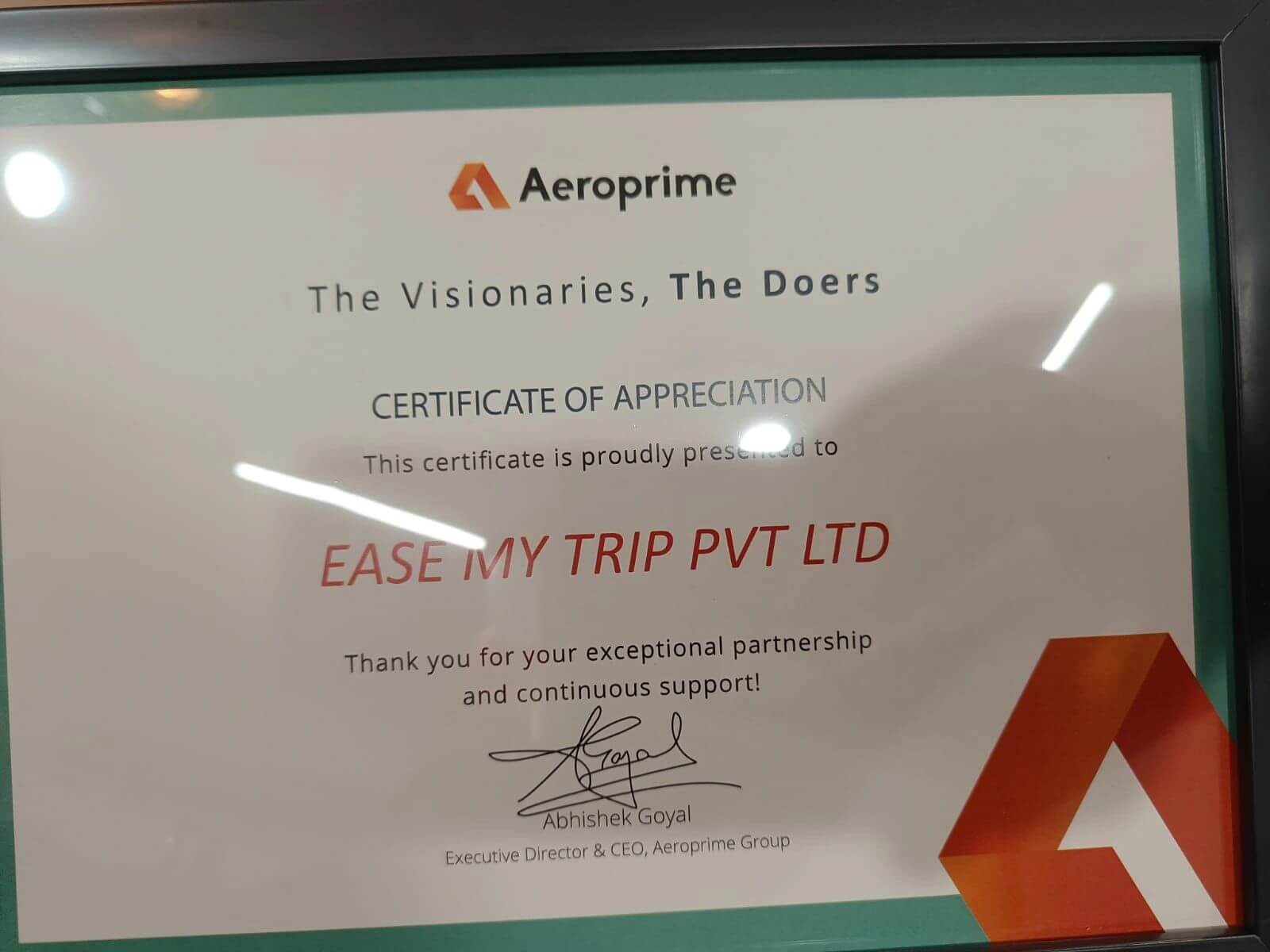 Certificate of Appreciation Aeroprime Group