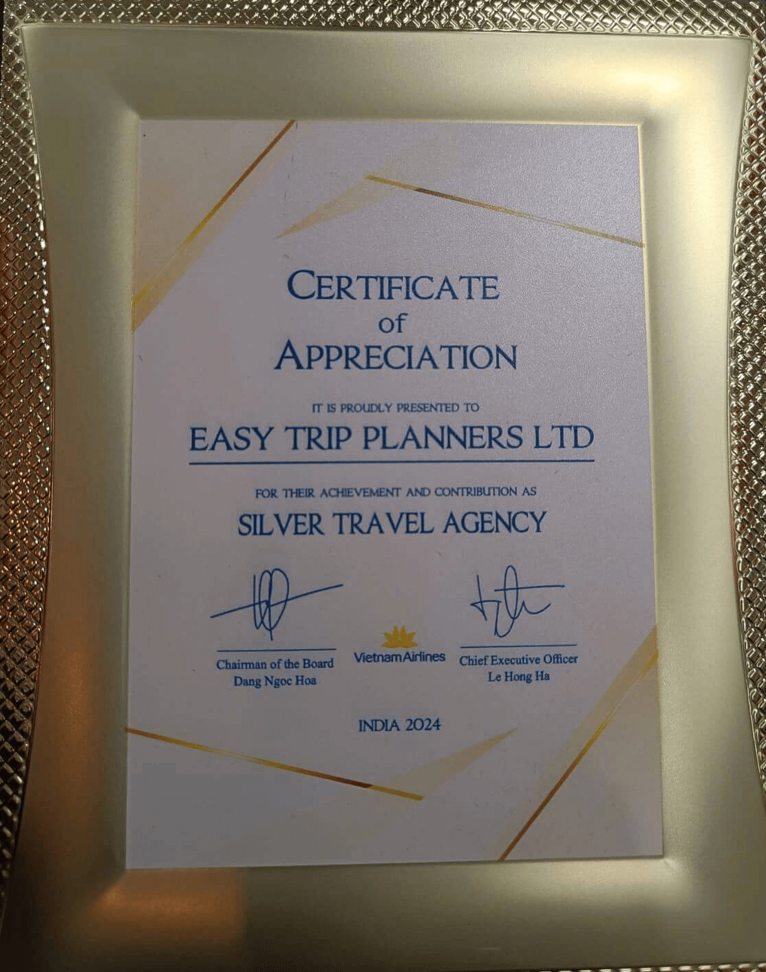 Certificate of Appreciation as a Silver Travel Agent 2024